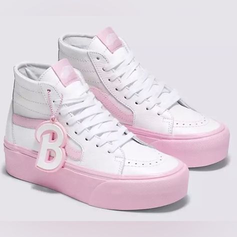 Barbie x Vans | Sk8-Hi Tapered Stackform Shoes Black Slip On Vans, Disney Princess Shoes, White High Top Vans, Pink Leather Shoes, Pink Checkerboard, Platform Vans, High Top Shoe, Platform Shoe, Pink Vans