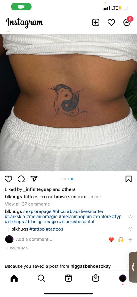 Yin yang tattoo black girl melanin magic Ying Yang Tattoo Black Women, Pisces Tattoo Black Women, Medium Tattoos For Black Women, Spiritual Tattoos Black Women, Ying And Yang Tattoo, Melanin Tattoo, Medium Tattoo Ideas, Afro Tattoo Ideas, Unique Pisces Tattoos