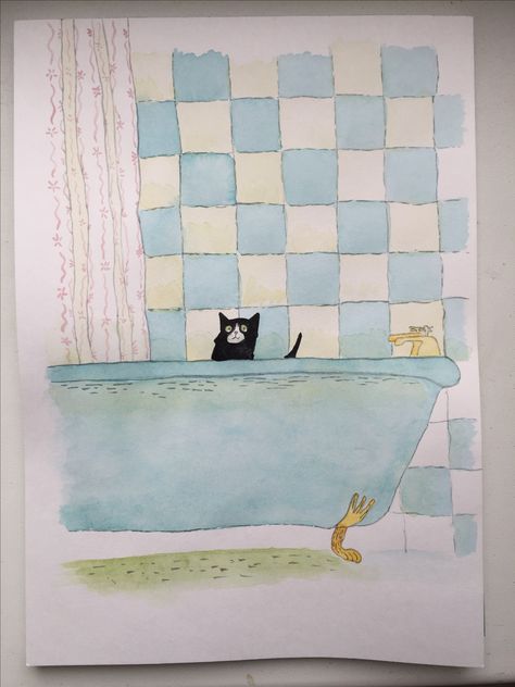 Cat Showering, Cat In Bath, Notebook Collection, Bath Paint, Cat Bath, Bath Art, Bathroom Windows, Painting Bathroom, Painting Inspo