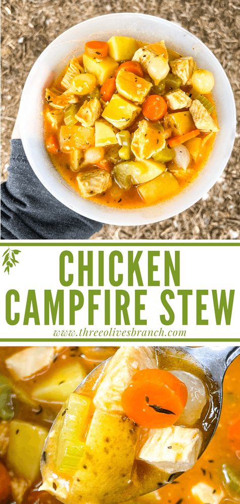 This Chicken Campfire Stew is an easy campfire chicken recipe. Cook in a Dutch oven for a hearty and warm outdoor meal. Prep in advance and stove top option. Easy camping meals and camping dinner ideas. Campfire Soup Recipes, Campfire Soup, Campfire Dutch Oven Recipes, Camping Dinner Ideas, Campfire Chicken, Campfire Dinner Recipes, Rv Meals, Dutch Oven Soup, Campfire Stew