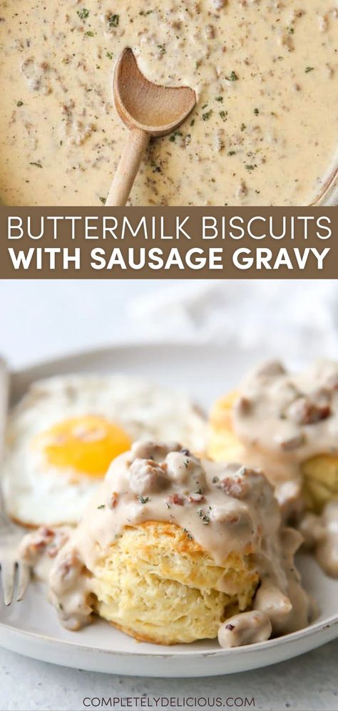 Who can resist a cozy breakfast classic like biscuits and gravy? Easy buttermilk biscuits smothered in a rich and creamy homemade sausage gravy make for a meal everyone is sure to enjoy. This homemade biscuits and gravy recipe is the ultimate southern breakfast recipe. | how to make biscuits and gravy | easy biscuits and gravy | best biscuits and gravy recipe | sausage gravy and biscuits | breakfast recipes with biscuits | sausage gravy from scratch | breakfast ideas | breakfast recipes Ways To Use Biscuits, Buttermilk Sausage Gravy, How To Make Biscuits And Gravy, What To Eat With Biscuits, Sausage And Biscuits Gravy, Best Biscuits And Gravy Recipe, Buiscits And Gravy Recipes, Buiscits And Gravy Sausage, Biscuit Gravy Recipe