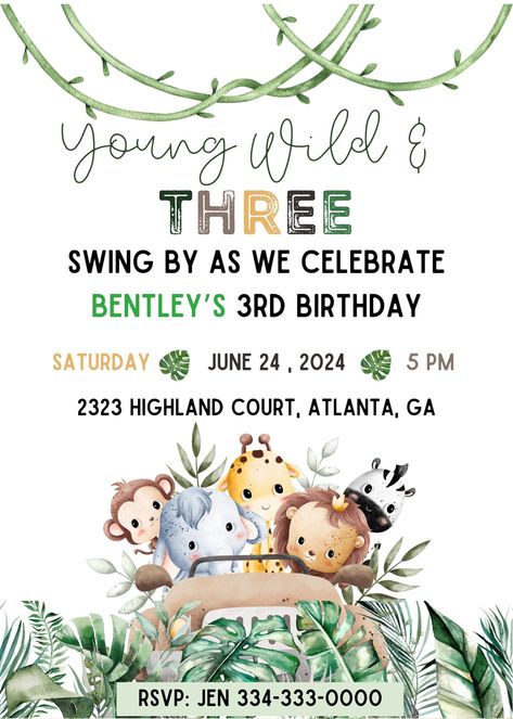 Young Wild And Three Safari Birthday, Young Wild And Three Invitations, Young Wild And Three Birthday Boy, Young Wild And Three Birthday, Beyonce Party, Third Birthday Boys, Safari Invitation, Jungle Birthday Invitations, Three Birthday