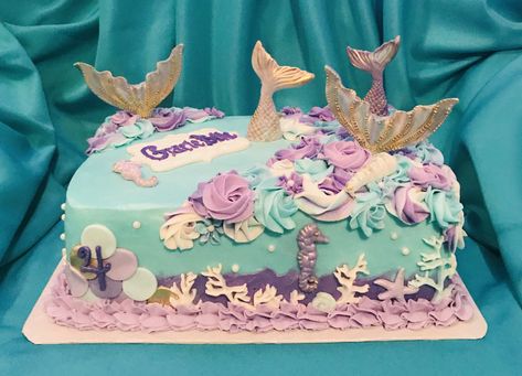 Square Mermaid Cake, Mermaid Birthday Sheet Cake Ideas, Rectangle Mermaid Cake, Mermaid Sheet Cake Ideas, Mermaid Sheet Cake, Mermaid Sheets, Pastel Rectangular, Mermaid Birthday Cake, Slab Cake