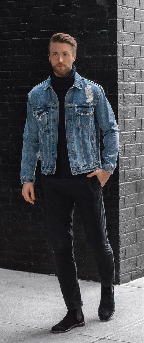 Blue Denim Jacket Outfit, Jean Jacket Outfits Men, Denim Jacket Men Outfit, Black Denim Jacket Outfit, Denim Outfit Men, Stil Masculin, Jaket Denim, Men's Denim Style, Jean Jacket Outfits