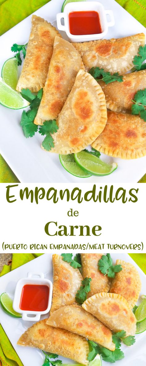 Empanadillas de Carne (Puerto Rican Empanadas) are savory beef turnovers made in a delicious flaky dough.  Serve with a side of hot sauce.  Perfect for anytime of the day or served as an appetizer. #empanadillasdecarne #empanadillas #puertoricanempanadas #puertoricanturnovers #puertoricanfood #puertoricanfriedfritters #puertoricanappetizers #comidapuertoriquena Beef Turnovers, Puerto Rican Empanadas, Puerto Rican Appetizers, Puerto Rican Dishes, Mexican Appetizers, Beef Empanadas, Stuffed Potato Balls, Asian Street Food, Spanish Dishes