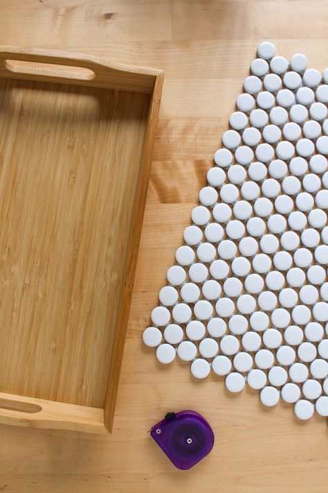 How to Tile a Serving Tray (DIY IKEA Fruktskal Hack) — Entertain the Idea Serving Tray Craft Ideas, Diy Tile Tray, Tile Tray Diy, Mosaic Trays Ideas, Diy Serving Tray Ideas, Tiled Tray, Serving Tray Diy, Diy Serving Tray, How To Tile