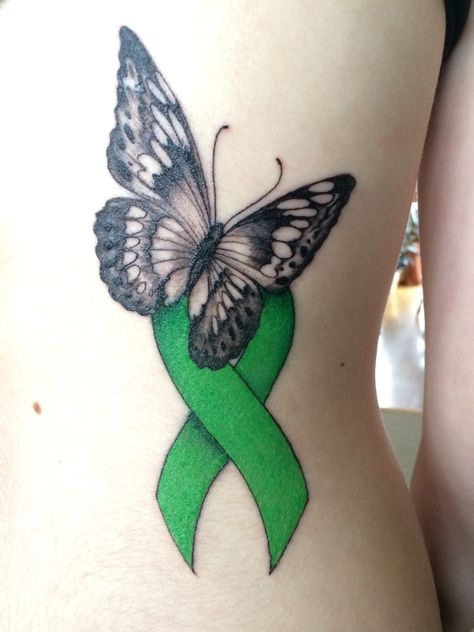 Green Ribbon Tattoo, Mental Health Ribbon, Survivor Tattoo, 16 Tattoo, Butterfly Tattoo Meaning, Awareness Tattoo, Health Tattoo, Tattoo Butterfly, Ribbon Tattoos