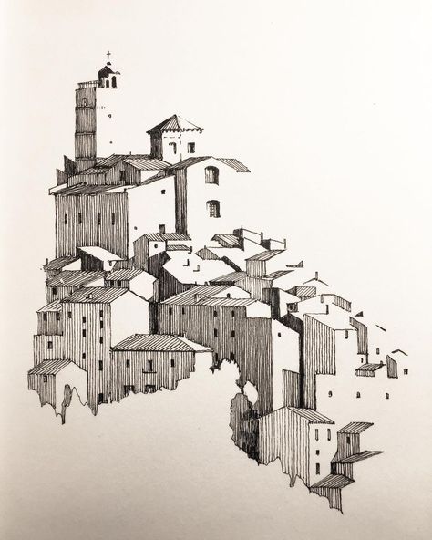 Architecture in pen & ink on Instagram: “Castel del Monte in Abruzzo- I think I’ll never run out of these medieval hilltop towns to draw. __ #architectureinpenandink #architecture…” Town Drawing, Cityscape Drawing, Sketch Architecture, Oil Pastel Drawings Easy, Wall Painting Techniques, Building Sketch, Nature Art Drawings, Urban Sketch, Architecture Sketchbook