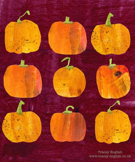 Pumpkins by Tracey English www.tracey-English.co.uk Eric Carle Art, Tracey English, Art Club Projects, Pumpkin Paintings, Pumpkin Field, Cut Paper Illustration, 2nd Grade Art, Food Aesthetics, Collage Art Projects