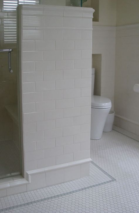 tile combo Tile Baseboard Bathroom, Chair Rail Height, Hex Tiles, Master Bath Renovation, Subway Tiles Bathroom, Hex Tile, Tile Layout, Hexagon Tile, Bath Renovation