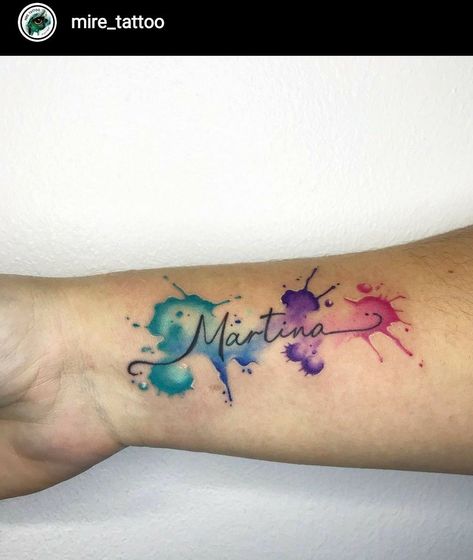 Watercolor Word Tattoo, Color Splatter Tattoo, Watercolor Script Tattoo, Color Name Tattoo, Watercolor Splash Tattoo, Splash Tattoo, Bholenath Tattoo, Splatter Tattoo, Watercolor Galaxy Tattoo