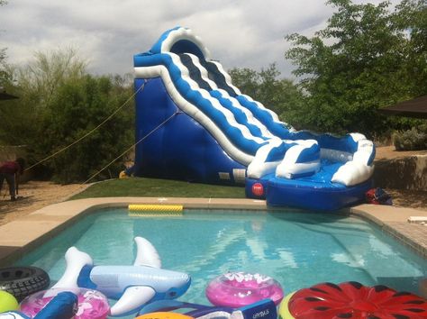 Sweet 16 Water Slide Party, Inflatable Slide For Pool, Inflatable Water Slide Party, Water Birthday Parties, Blow Up Water Slide, Water Slide Rentals, Water Birthday, Big Inflatable Water Slides, Bouncy House