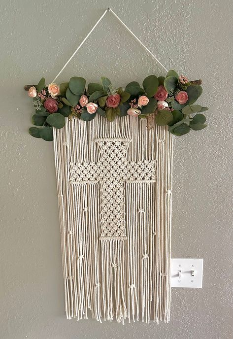 Christian Macrame, Macrame Cross Wall Hanging, Bedroom Greenery, Cross Macrame, Macrame Cross, Macrame Square Knot, Cross Wall Hanging, Macrame Plant Hanger Patterns, Macrame Wall Hanging Diy