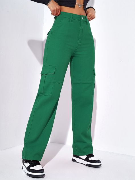 High Waist Parachute Pants, Green High Rise Cargo Jeans With Pockets, High Waist Solid Color Cargo Jeans With Side Pockets, Green Denim Cargo Jeans With Pockets, High Waist Green Cargo Jeans With Hip Pockets, Green Full-length Cargo Jeans With Patch Pockets, Denim Cargo Pants, Jeans Cargo, Trendy Denim