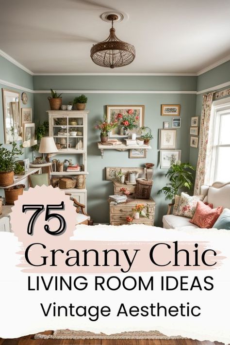 Looking to infuse your living room with that timeless granny chic vibe?   🧶🌸 Discover 75 enchanting decor ideas that blend vintage elegance with modern comfort. From floral patterns and antique furniture to cozy knitted throws and classic textiles, these tips will help you create a space that feels both nostalgic and inviting. Perfect for fans of cottagecore and rustic charm, this guide is packed with inspiration to turn your home into a warm, welcoming haven. 🛋️💐 Chic Modern Home Decor Living Room, Vintage Country Decor Living Room, Granny Core Living Room, Antique Vintage Living Room, Floral Bedroom Aesthetic Vintage, Folk Art Decor Living Rooms, Shabby Chic Shelf Decor, Decor Themes Home, Small Living Room Ideas Vintage