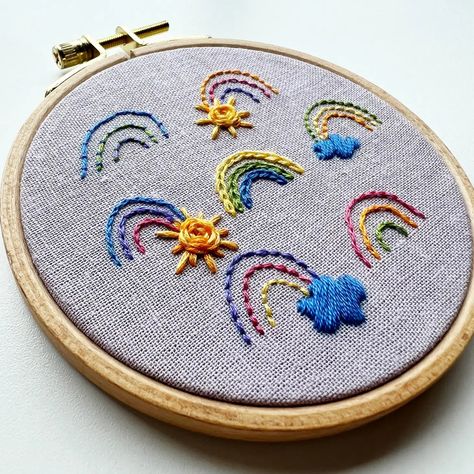 LEARN HAND EMBROIDERY RAINBOWS AND SUNSHINE - LEARN OR PRACTICE 7 EMBROIDERY STITCHES! Roseanna Diggs created this Happy Rainbows Pattern, Rainbows and Sunshine, to teach beginners how to embroider with a fun design. Just add scissors! Are you crafty? Can you follow instructions? Then you can do this! Every step of the pretty project is nicely explained in the printed instruction booklet. It includes many color photographs and stitch diagrams, as well as instructions. Also includes a QR code to Hand Embroidery Unicorn, Embroidery Rainbow Pattern, Embroidered Disco Ball, Kids Embroidery Ideas, Blundstone Embroidery, Embroidery For Kids, Sunshine Embroidery, Doodle Embroidery, Learn To Embroider