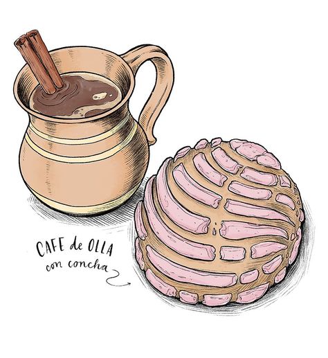 Cafe de Olla. Illustration by Lori Bailey. Hot Chocolate Drawing, Latinx Art, Watercolor Food Illustration, Desserts Drawing, Mexican Artwork, Mug Drawing, Cardamom Buns, Food Art Painting, Mexican Coffee