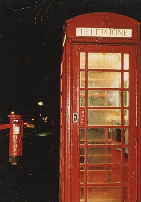 Telephone & Post Box at night Telephone Box Aesthetic, British Core, Collage Items, British Aesthetic, Band Aesthetic, Red Telephone Box, 2024 Moodboard, Antique Telephone, Rustic Minimalist