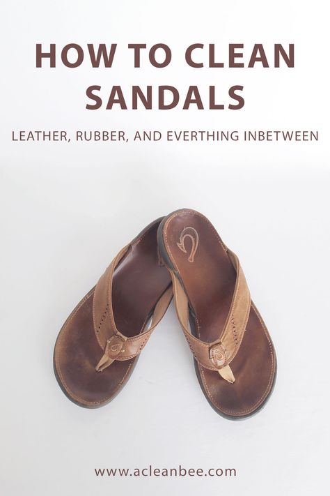 Learn how to clean sandals that are stained or smelly! Deep cleaning techniques and surface cleaning techniques for all sandal materials. Clean leather sandals, rubber sandals, and every other type of sandal.     #cleansandals #howtoclean #cleaningtips #cleaninghacks via @acleanbee How To Clean Stinky Sandals, Stinky Sandals Remedy, How To Clean Footbed Of Sandals, Clean Sandal Insoles, How To Clean Sandals, How To Clean Smelly Shoes, How To Clean Sandals Footbed, How To Clean Leather Shoes, Cleaning Sandals