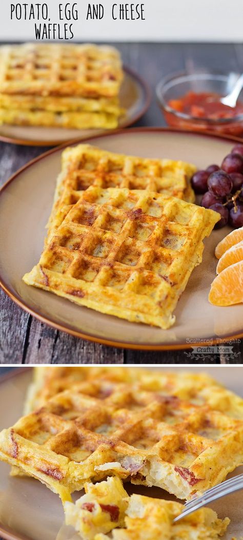 Potato, Egg and Cheese Waffles - Breakfast for dinner anyone? These waffles are a must try...so yummy (and ridiculously easy to make!). Egg And Cheese Waffles, Waffle Iron Recipes, Cheese Waffles, Waffle Maker Recipes, Foods With Iron, Egg And Cheese, Breakfast Waffles, Waffle Recipes, Waffle Maker