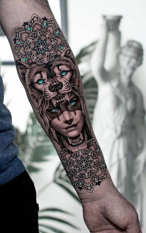 Mandala Lion Tattoo, Forearm Mandala Tattoo, Mandala Tattoo Men, Mandala Tattoos For Women, Mandala Tattoo Designs, Geometric Mandala Tattoo, Wolf Tattoo Sleeve, Lion Head Tattoos, Beautiful Mandala