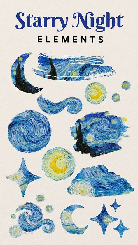 Van Gogh Moodboard, Vincent Aesthetic, Starry Night Picture, Blue Moodboard, Van Gogh Wallpaper, Blue Scrapbook, Scrapbook Elements, Collage Elements, Star Illustration