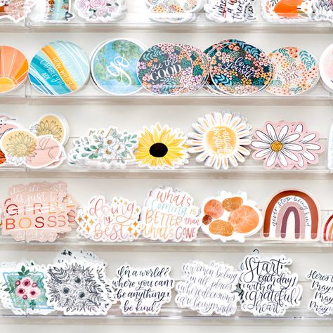 How To Display Stickers, Sticker Shop Ideas, Sticker Display Ideas Retail, Sticker Display Ideas, Boutique Stickers, Elyse Breanne, Sticker Display, Popular Stickers, Boho Stickers