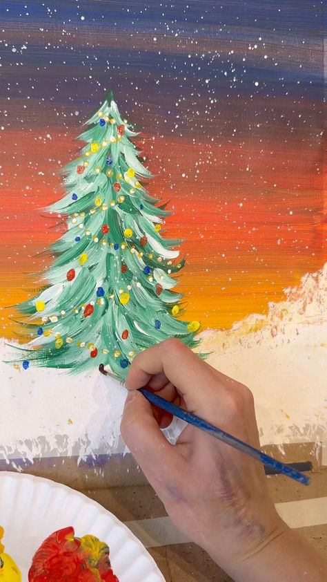 Finger Painting Christmas Tree, Xmas Flowers Ideas, Christmas Tree Ideas Painting, Christmas Tree Painting Tutorial, Painting Christmas Trees On Wood, Painted Christmas Trees On Wood, Christmas Paintings On Canvas For Kids, Christmas Tree Painting Canvases, How To Paint A Christmas Tree