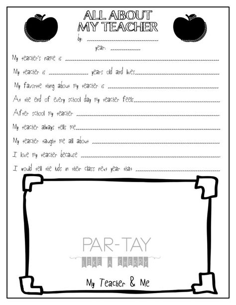 free black and white teacher appreciation gift printable, "All About My Teacher" coloring page All About My Teacher Preschool, All About My Teacher Printable, All About Teacher Printable, Why I Love My Teacher Printable, Teacher Appreciation Fill In The Blank, I Love My Teacher Because Printable, Free Teacher Appreciation Gifts, I Love My Teacher, Diy Teacher Christmas Gifts