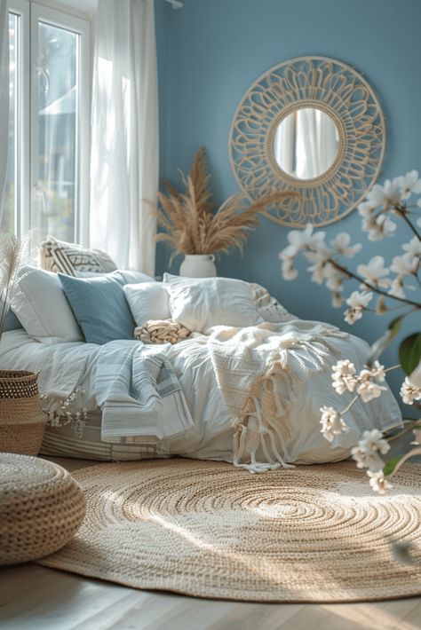 Ocean Blue Room Aesthetic, Cozy Blue Room, Boho Blue Bedroom, Aesthetic Tapestry Bedroom, Blue Walls Bedroom, Colorful Bohemian Bedroom Decor, Light Blue Boho Bedroom, Blue Boho Bedroom Ideas, Boho Dorm Room Ideas