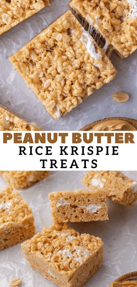 Treats With Marshmallows, Marshmellow Treats, Peanut Butter Rice Crispy Treats, Sweet Snacks Easy, Peanut Butter Rice Crispies, Rice Crispy Bars, Peanut Butter Rice Krispie Treats, Krispie Treats Recipe, Krispy Treats