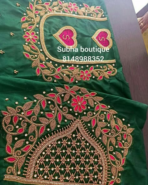 Magam Work New Designs, Back Neck Aari Work Designs For Blouses, Arri Blouse Designs Latest, Aari Hand Designs For Blouses, Aari Neck Designs For Blouse, Aari Work Blouse Neck Designs, Green Blouse Embroidery Designs, Wedding Aari Work Blouse Designs, Aari Blouses Weddings