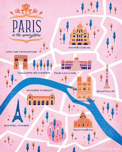 Mapa ilustrado Illustrated Map, Map, Paris, Pink