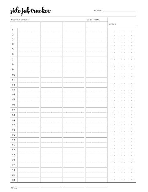 Free Income Tracker Printable, Income Tracker Printable Free, Monthly Income Tracker, Side Hustle Money, Digital Jobs, Income Tracker, Diy Planner Notebook, Free Printables Organization, Tracker Free