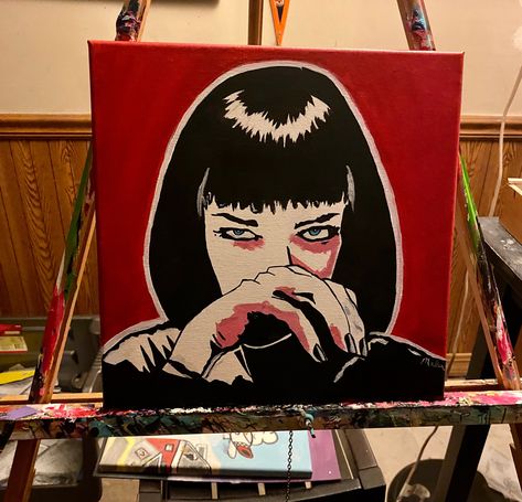 Pop Acrylic Painting, Paintings From Movies, Pulp Fiction Drawing, Movie Paintings Ideas, Pulp Fiction Painting, Cartoon Acrylic Painting, Movie Paintings, Pop Art Acrylic Painting, Movie Canvas Painting