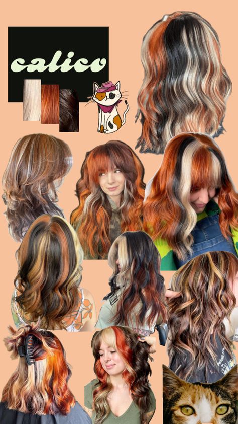 #calicohair #hairinspo #calicohairinspo #hair #calicocat #blonde #brunette #red Calico Cat Hair, Calico Hair, Types Of Hair Color, Brunette Red, Cute Hair Colors, Brunette Hair With Highlights, Dyed Hair Inspiration, Pinterest Hair, Hair Stylies