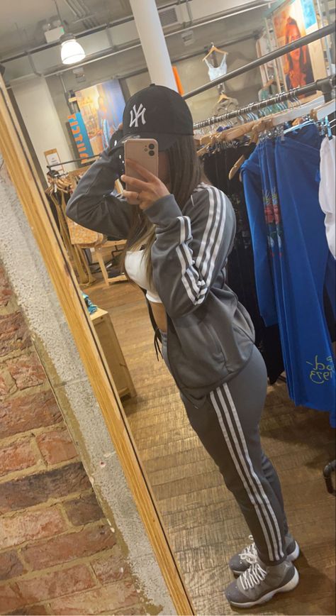 Outfits With Grey Jordans, Grey Adidas Sweatpants Outfit, Cool Gray Jordan 11 Outfit, Nike Dri Fit Outfits, Adidas Tracksuit Women Outfit, Jordan 11 Cool Grey Outfit, Ensemble Jordan, Jordan 11 Grey, Adidas Tracksuit Outfit