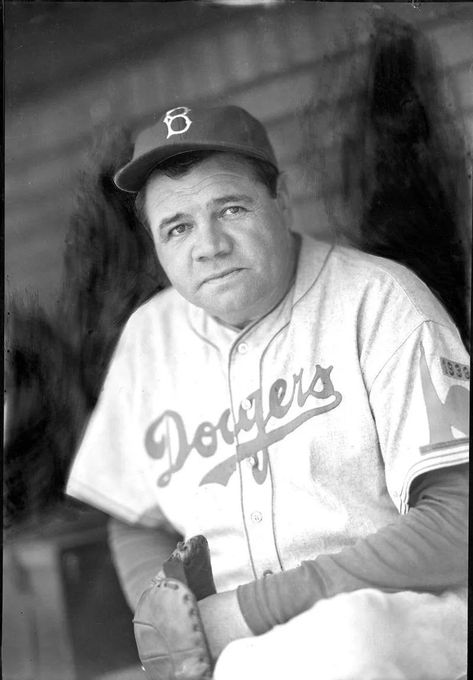 Babe Ruth wears a Dodger uniform for the first time as a coach, June 18, 1938. #BabeRuth Dodgers Nation, Politically Correct, Brooklyn Dodgers, Bleed Blue, Dodgers Fan, Dodger Blue, Jackie Robinson, Dodgers Baseball, Yankees Baseball