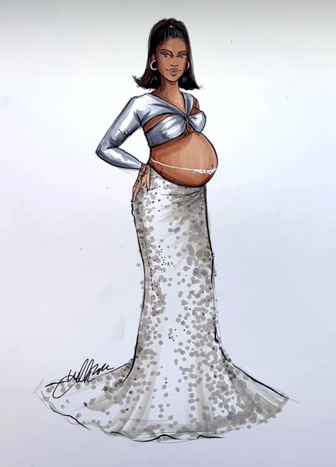 Maternity Illustration Fashion, Pregnant Croquis, How To Draw A Pregnant Woman, Pregnant Figure Drawing, Maternity Wear Dresses, Babyshower Dress, Rihanna Art, Pregnant Woman Silhouette Drawing, Holly Nichols