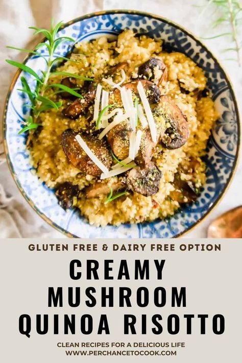 Creamy Mushroom Quinoa Risotto recipe. A delicious quinoa dish made in a similar fashion to risotto, where chicken broth, coconut milk and spices are slowly added until absorbed and creamy. Quinoa Risotto, Mushroom Quinoa, Plant Based Meal, Quinoa Dishes, Plantbased Recipes, Vegan Quinoa, Cook Healthy, Cooking Recipes Healthy, Mushroom Risotto