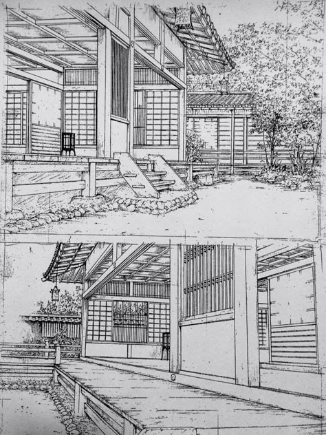 Manga House Drawing, Drawing Japanese House, Traditional Japanese House Drawing, Japan House Drawing, Japanese House Sketch, Japanese House Art, Japanese House Drawing, Japanese Architecture Drawings, Anime Architecture