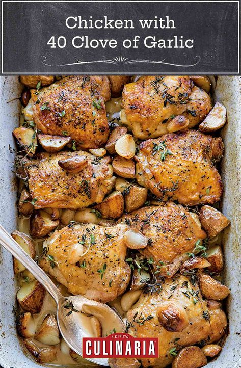 Chicken with 40 cloves of garlic is a classic for one reason—it's damn good. Using chicken thighs ensures the meat remains juicy. Using our trick for quickly peeling garlic makes it hassle free. Yule Dinner, Chicken Thighs Potatoes, Health Chicken Recipes, 40 Clove Garlic Chicken, Chicken With Garlic, Meatless Dishes, Chicken Garlic, Sunday Dinners, Cooking Stuff