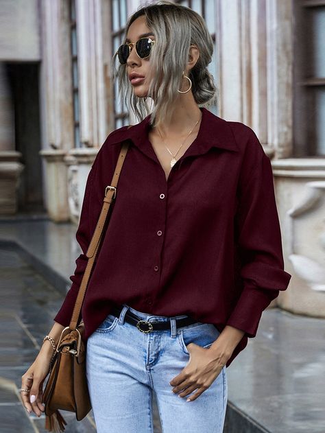 Button Up Drop Shoulder Blouse Maroon Top Outfit, Maroon Shirt Outfit, Drop Shoulder Blouse, Long Sleeve Shirt Outfits, Maroon Outfit, Drop Shoulder Shirt, Maroon Blouse, Maroon Shirts, Off Shoulder Fashion