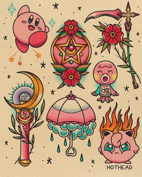 Tradional Tattoo Flash Sheet, Traditional Sailor Moon Tattoo, Kawaii Traditional Tattoo, Nerdy Flash Tattoo, American Traditional Pokemon Tattoo, Sailor Moon Flash Tattoo, Woman Tattoo Drawing, Anime Traditional Tattoo, Girly Tattoo Flash