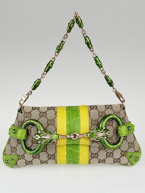 Gucci Limited Edition Beige GG Canvas Croc Embossed Tom Ford Snake Chain Clutch Bag - Yoogi's Closet Gucci By Tom Ford Bag, Elegant Green Gucci Shoulder Bag, Gucci Bags With Gold-tone Hardware For Formal Occasions, Gucci Green Bags With Gold-tone Hardware, Snake Bag, High-end Gucci Bags With Gold-tone Hardware, Pre-owned Luxury Gucci Bags, Limited Edition Bag, Luxury Crossbody