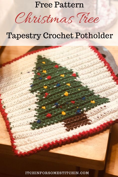 Spruce up your holiday home decor witht this free tapestry crochet Christmas tree! A fun way to adorn your holiday dinner table, add a festive touch to your kitchen, or as an awesome gift for that baker, chef, or grill master in your life! #tapestrycrochet #freecrochetpattern #crochetchristmas #crochetwinter #crochetpotholder #crochetkitchen #crochethomedecor Holiday Crochet Patterns, Crochet Christmas Tree, Holiday Dinner Table, Potholder Patterns, Crochet Christmas Trees, Tapestry Crochet Patterns, Holiday Crochet, Crochet Decoration, Crochet Home Decor