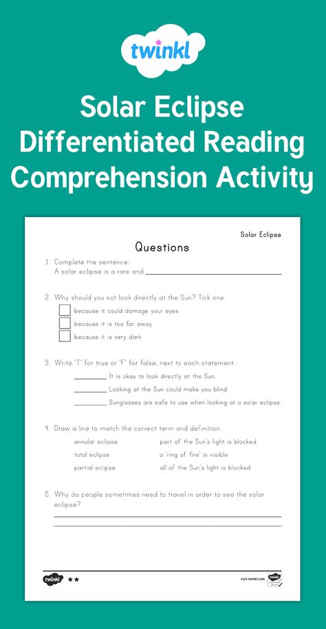 This differentiated Solar Eclipse Reading Comprehension Activity is a great way to teach your children about a Solar Eclipse with your choice of three differentiated sheets - Twinkl Ahg Crafts, Nouns For Kids, Passage Comprehension, Eclipse Activities, Solar Eclipse Activity, Eclipse Party, Science Anchor Charts, Light Science, Fun Worksheets For Kids