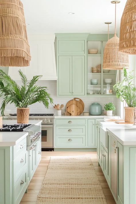 Fall in Love with these Coastal Kitchen Design Ideas | VIVA Coastal Galley Kitchen, Coastal Green Kitchen, Coastal Cottage Kitchen Ideas, Sea Glass Countertop, Seafoam Green Kitchen, Blue Coastal Kitchen, Florida Kitchen Ideas, Coastal Kitchen Cabinets, Coastal Modern Kitchen