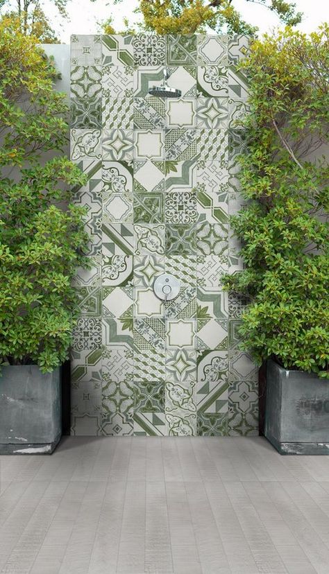 This outdoor shower tile is refined and classic. Le Riggiole is a homage to mediterranean tradition. A contemporary re-visitation that refreshes, through a fresh and original language.   This outdoor shower tile is available at www.lanovatile.com Mexican Interior Design, Patchwork Tiles, Exterior Tiles, Pool Landscape Design, Pool Shower, Garden Shower, Hippie Homes, Outdoor Bathrooms, Outdoor Tiles