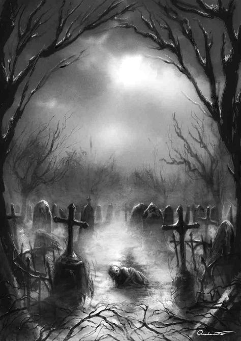 Cemetery artwork Scary Graveyard, Graveyard Tattoo, Grim Reaper Art, Gothic Fantasy Art, Old Cemeteries, Cemetery Art, Dark Art Tattoo, Horror Tattoo, Dark Art Drawings